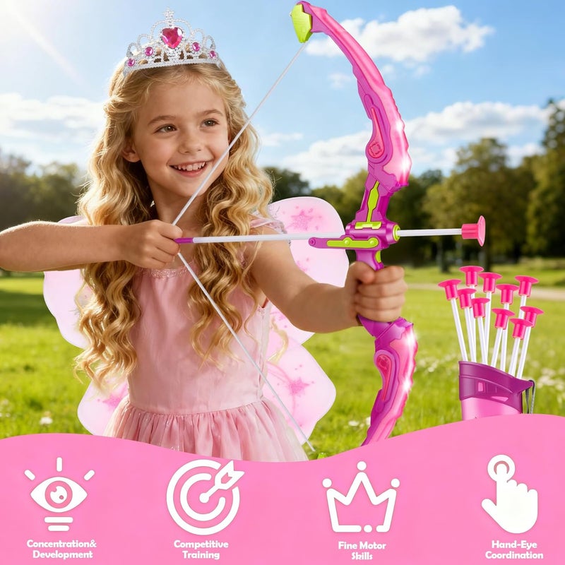 OWNONE Pink Bow and Arrow Set for Girls, LED Light Up Archery Set with 10 Suction Cup Arrows, Target, Fairy Wings & Princess Crown, Birthday Gift Outdoor Toys for Kids Girls Ages 3-12 - Image 2